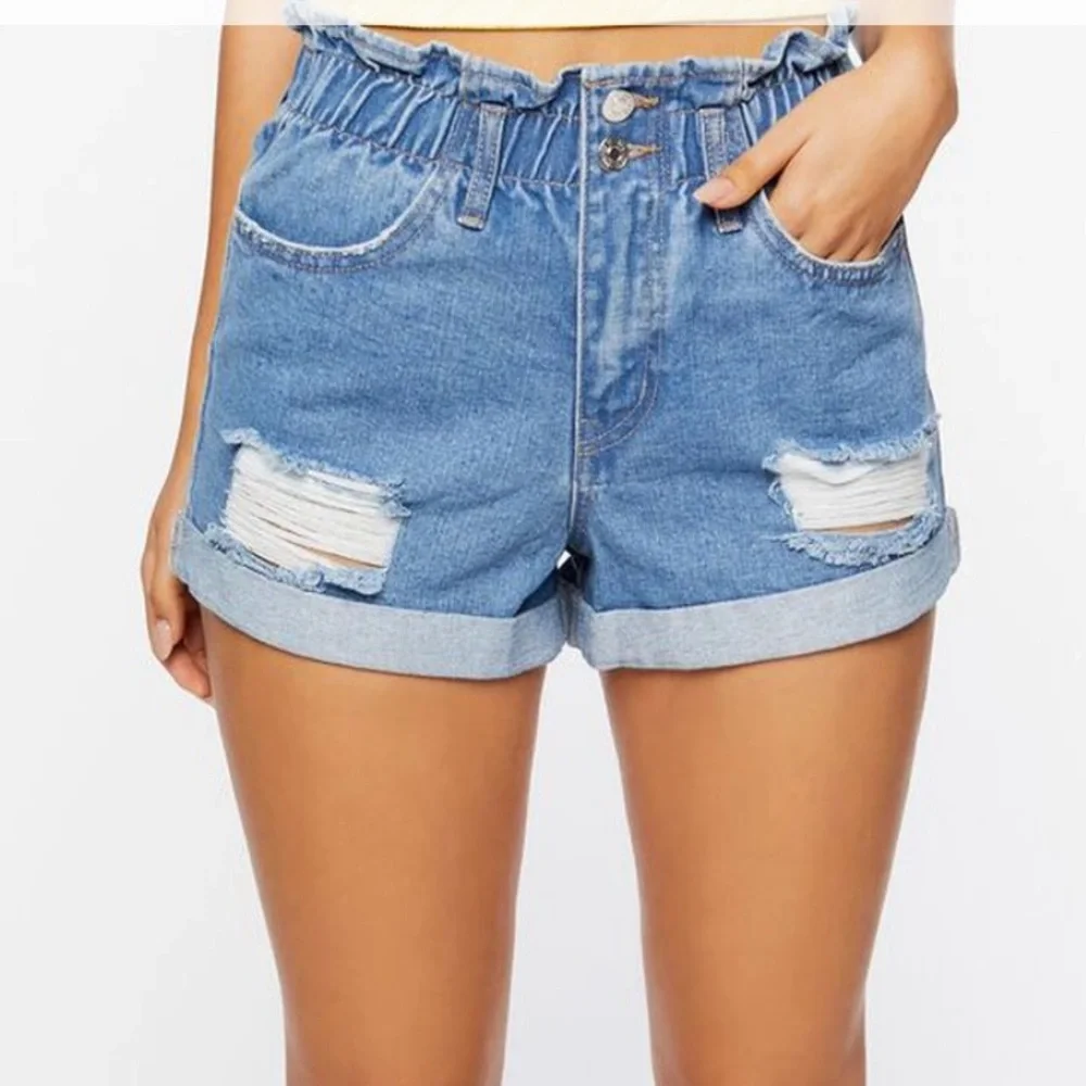 Distressed High-Rise Denim Shorts - Picture 1 of 7